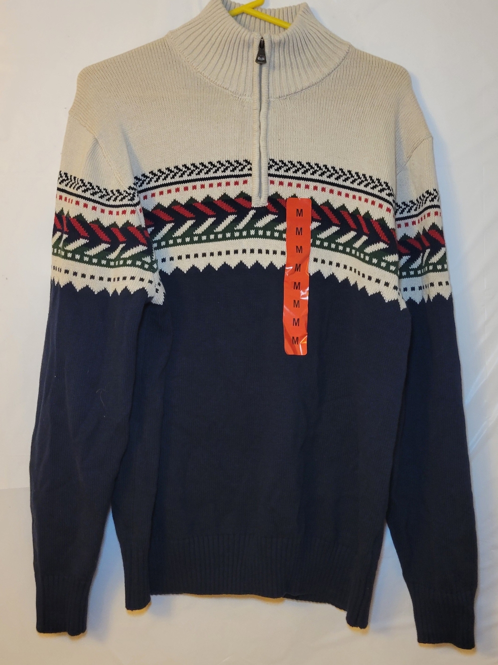 Weatherproof Navy Cream Red & Green Half-Zip Sweater